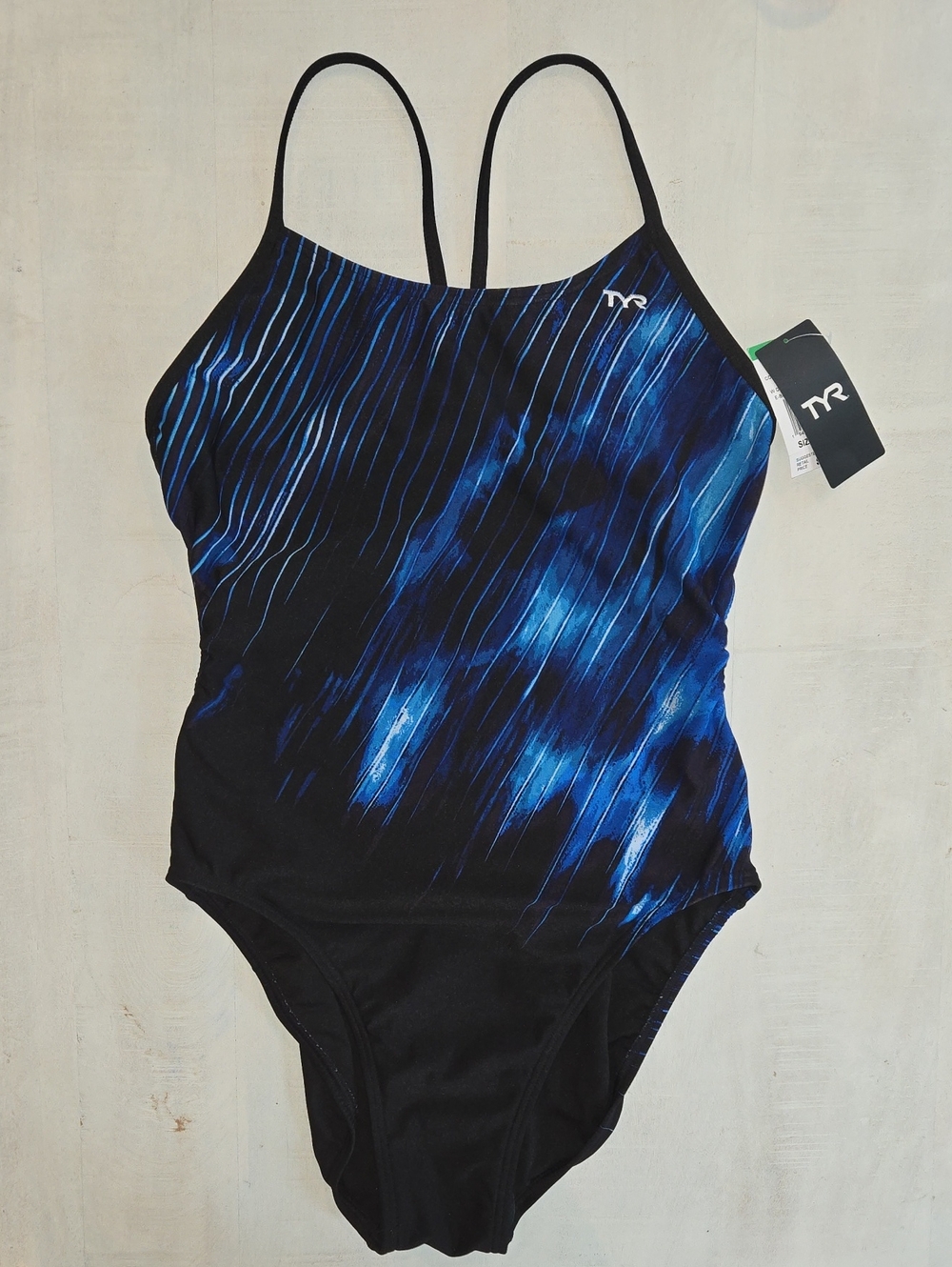 TYR Black One-Piece Performance Swimsuit with Blue Streaks NWT Size 36/Large